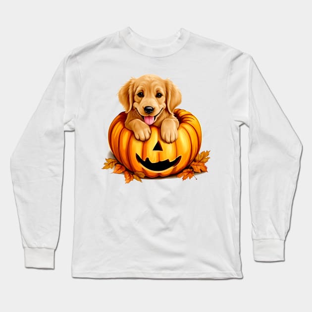 Golden Retriever Dog inside Pumpkin #1 Long Sleeve T-Shirt by Chromatic Fusion Studio
